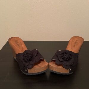 Black Wedge Sandals with Floral Accent, NWOT